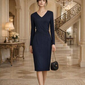 Lafayette 148 Layered Top Ruched-Sides Ponte Knit Midi Dress Old Many Sz 10 Navy